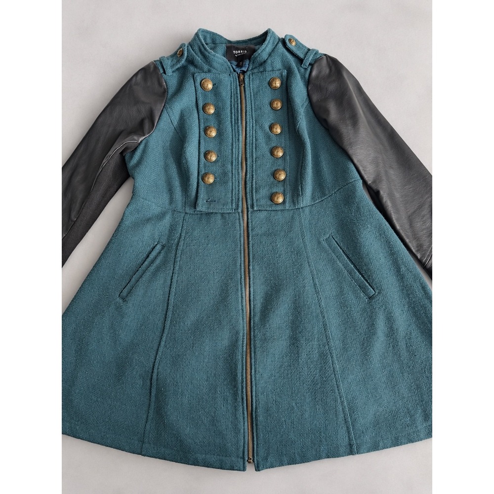 Torrid Teal Herringbone Military Coat Faux Leather Sleeves Gold Buttons Plus
